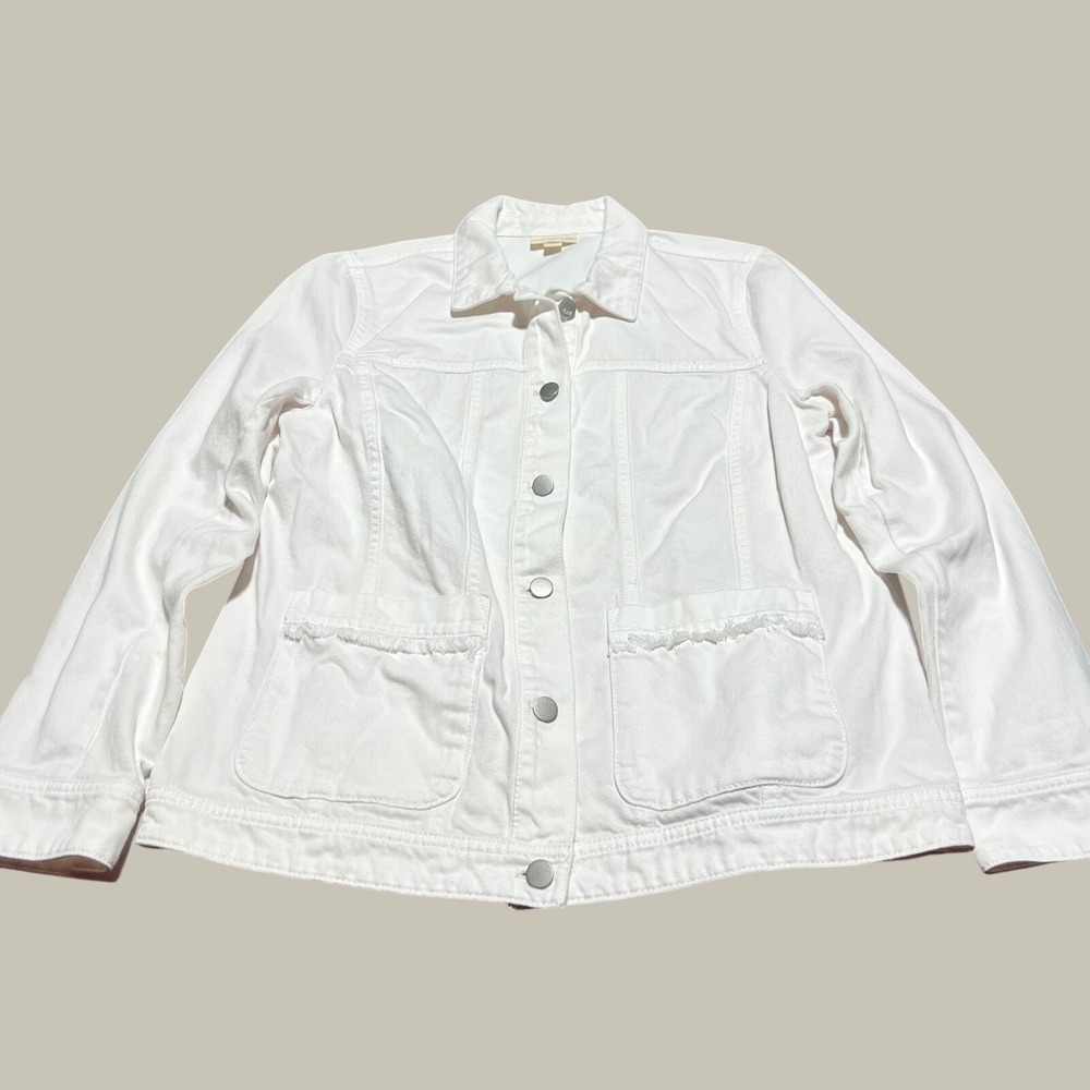 J. Jill Denim White Trucker Jacket Fringe Pockets WJT116751 Womens Medium